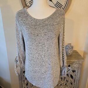 Gray Long Sleeve Women's Top with Pearl Accents